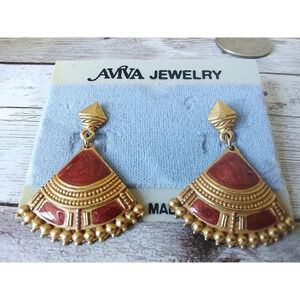 Authentic Unique Gold and Orange Fan 1980s Dangle Earrings
